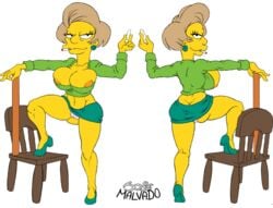 1girls big_ass big_breasts big_lips bimbo brown_hair cigarette crop_top earrings edna_krabappel high_heels hourglass_figure josemalvado legs_up looking_at_viewer looking_back looking_over_shoulder miniskirt pink_panties short_hair short_skirt smoking teacher the_simpsons thick_thighs yellow_skin