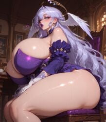 1girls ai_generated alternate_body_type alternate_breast_size angel angel_wings big_boobs big_booty big_breasts bimbo bimbo_body bimbo_lips blue_eyes child_bearing_hips choker fat_ass femboysmeat from_below green_eyes halo honkai:_star_rail huge_breasts kiss long_hair long_sleeves milf purple_dress purple_hair purple_lips purple_lipstick robin_(honkai:_star_rail) short_dress side_view sitting solo solo_female thick thick_ass thick_thighs voluptuous voluptuous_body voluptuous_female white_dress white_gloves white_sleeves wide_hips