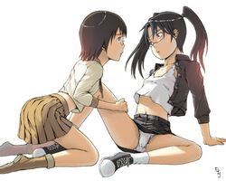 2girls amasawa_yuuko brown_hair dennou_coil eye_contact female glasses hair isako looking_at_another midriff multiple_girls okonogi_yuuko panties pantyshot short_hair skirt spread spread_legs tied_hair twintails underwear yasako yoneda_taishou yuko_amasawa yuko_okonogi yuri yuuko_amasawa yuuko_okonagi