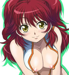 1girls breast_squeeze breasts female freckles gundam gundam_00 nanamo nena_trinity nipple_slip nipples red_hair solo yellow_eyes