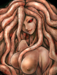 berserk big_breasts breasts demon_girl nipples red_eyes simple_background slan smile solo