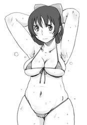 arms_up bikini blush bow breasts hirokawa_kouichirou large_breasts minamo_aoi monochrome navel rd_sennou_chousashitsu real_drive small_breasts sweat swimsuit