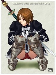 1girls armor armored_boots armour azasuke brown_eyes brown_hair clothed embarrassed embarrassing female female_focus female_only horny_female humiliated monster_hunter nervous shy solo solo_female solo_focus submissive_female sword swordswoman unhappy_female