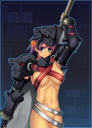 belt beltbra belts blue_eyes blush breast_squeeze breasts capcom gloves gravios helm helmet huge_sword huge_weapon mkpower monster_hunter monster_hunter_frontier no_panties shoulder_pads sword taru_neko underboob weapon_on_back weapons