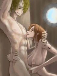 abs armpits blonde_hair breasts censored female handjob human licking lowres male nami nude one_piece orange_hair pec_licking penis pre-timeskip sex ship straight straight_hair tattoo vinsmoke_sanji