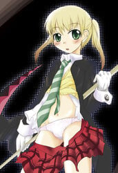 blush clothing gloves green_eyes looking_at_viewer maka_albarn narusawa_kei necktie panties plaid plaid_skirt scythe skirt skirt_pull soul_eater tartan tied_hair twintails underwear yoshidama_sahiko