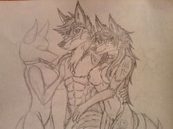 abs anthro arm_around_back biceps big_breasts breasts canine collar dawn_walker female fondling fur furry furry_tail group hair heart kacey_hearts long_hair looking_at_viewer male mammal necklace nude pussy sebastian_veins sketch smile stranger tail tattoo threesome wolf