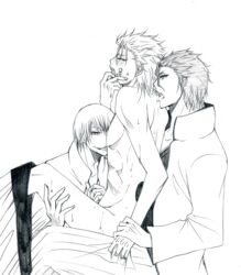 3boys aizen_sousuke arrancar bleach captain clothed_male_nude_male clothed_on_nude cmnm espada former_captain_(bleach) grimmjow_jaegerjaquez group_sex handjob highres ichimaru_gin licking male malesub on_lap outline penis sex sitting sosuke_aizen threesome wrist_grab yaoi