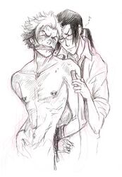 2boys arms_behind_back bondage bound_wrists clothed_on_nude gag gay glasses iianbe jin_(samurai_champloo) male male_only monochrome mugen_(samurai_champloo) nipples samurai_champloo sketch vibrator yaoi