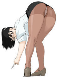 1girls alternate_hairstyle ass belted bent_over black_hair blonde_hair blue_eyes blush breasts chin_rest choker cleavage clothing color female formal glasses heterochromia highres holon jet_(angelravishment) jinroku kneepits legs legs_crossed miniskirt no_bra panties panties_under_pantyhose pantyhose pen rd_sennou_chousashitsu real_drive sensei simple_background sitting skirt skirt_suit sleeves_rolled_up small_breasts solo stool suit teacher thighs tight_dress underwear updo