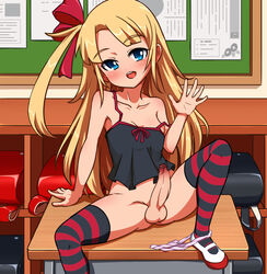 1futa bar_censor blonde_hair blue_eyes censored dickgirl erection futa_only futanari intersex kerokero00frog kevin.g.tuck panties panties_around_leg penis small_breasts solo solo_futa striped striped_legwear testicles thighhighs