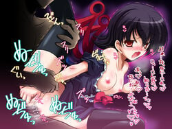 asymmetrical_wings black_hair black_legwear blush bow breasts censored dress dress_pull female frills heart mosaic_censoring nipples no_panties nue_houjuu penis pussy saliva sex short_hair solo_focus spoken_heart straight sweat text thighhighs touhou translated translation_request trembling wavy_mouth wings yamu_(reverse_noise)