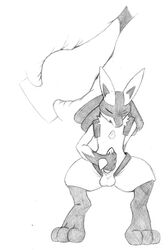 canine closed_eyes cth eyes_closed front_view insertion lucario male male_masturbation male_only masturbation monochrome nintendo penis pokemon pokemon_(species) solo