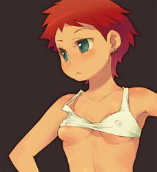 blue_eyes blush breasts earrings earthbound erect_nipples kumatora mother mother_(game) mother_(series) mother_3 nintendo red_hair short_hair simple_background underboob