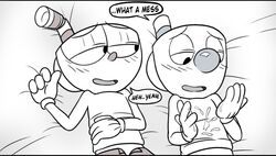 4_fingers after_sex animate_inanimate bird's-eye_view blush brother brothers clothed clothing comic cum cum_on_clothing cum_on_hand cup cuphead cuphead_(game) dialogue duo english english_text gloves half-closed_eyes high-angle_view humanoid humanoid_on_humanoid incest looking_down lying male messy mugman object_head on_back open_mouth open_pants sibling speech_bubble text toxic-boner uncolored video_games yaoi