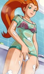 ai_generated ass bath bathing bigmic145 bottomless bra bra_visible_through_clothes breasts bubble convenient_censoring convenient_censorship female medium_breasts orange_hair ponytail sam_(totally_spies) see-through see-through_clothing soap soap_bubbles solo_female t-shirt totally_spies wet wet_body wet_clothes wet_clothing wet_skin