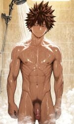 1boy bathing bathroom boku_no_hero_academia boy brown_eyes brown_hair flaccid flaccid_penis fubukid(oc) my_hero_academia oc original_character penis ribs short_hair shower shower_room showering spiked_hair steam thin water white_penis yukio0o