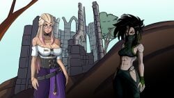 2girls abs akali arm_tattoo bare_shoulders belt black_hair blonde_hair breasts cg choker cleavage collarbone dark-skinned_female dark_skin glasses green_hair hip_vent isane_(lust_in_runeterra) large_breasts league_of_legends lipstick long_hair long_skirt lust_in_runeterra makeup mask midriff mouth_mask mouth_veil multicolored_hair multiple_girls navel off-shoulder_shirt off_shoulder official_art outdoors pants parody pink_eyes pink_hair ponytail purple_pants purple_skirt red_eyes rope_belt semi-rimless_eyewear shirt shoulder_tattoo skirt sword tattoo tree two-tone_hair under-rim_eyewear weapon white_hair white_shirt