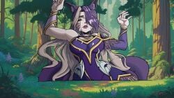 ahri animal_ears armor armpits arms_up bare_shoulders blush breasts cg closed_eyes cum cum_in_mouth cum_on_hair detached_sleeves dress facial facial_mark facing_viewer female flower forest fox_ears fox_girl fox_tail grass grey_hair hair_over_one_eye hands_up large_breasts league_of_legends long_hair lust_in_runeterra multicolored_hair nature official_art open_mouth outdoors parody purple_hair solo tail taur tongue tongue_out tree two-tone_hair very_long_hair whisker_markings