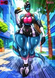 alien alien_female alien_girl alien_humanoid alien_milf ben_10 blue_skin bluewolfartista breasts chaquetrix claws clothed clothing complex_background feet female female_only hourglass_figure huge_breasts kineceleran large_breasts mature_female milf milftrix no_pupils pink_eyes pink_sclera shorts stockings tail thick_thighs thighhighs thighs xlr8