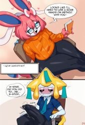 <3_eyes absurd_res ai_generated anthro anthrofied balls_in_underwear big_penis blue_eyes blush bodily_fluids bottomwear bulge chair clothed clothing dialogue duo eeveelution english_text erection erection_under_clothing eyewear female furniture generation_4_pokemon generation_6_pokemon genital_fluids genitals girly glasses hair heart hellsonger hi_res huge_cock jirachi legendary_pokemon male nintendo pants penis pokemon pokemon_(species) pokemorph precum ribbons sitting small_but_hung speech_bubble sweat sweater sylveon text topwear