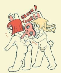anthro balls biped blonde_hair bonnie_guerra braided_hair breasts chibi cotton_tail duo exclamation_point female flaccid foreskin genitals gynomorph hair hi_res holding_key holding_object humanoid_genitalia humanoid_penis intersex key lagomorph leporid mammal penis pink_inner_ear pubes rabbit red_hair simple_background small_penis sound_effects standing tan_background unretracted_foreskin wind-up_key winding_up