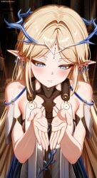 absurdres artist_name bare_shoulders black_collar black_dress blonde_hair blue_eyes blush breasts cartethyia_(wuthering_waves) closed_mouth collar commentary_request crown_of_thorns cum cum_in_mouth cum_on_body cum_on_hands dress earrings female hair_behind_ear hair_intakes highres huanyi_huanhuanzi jewelry long_hair pointy_ears sidelocks small_breasts solo stray_pubic_hair sweat tabard tacet_mark_(wuthering_waves) upper_body very_long_hair white_tabard wuthering_waves