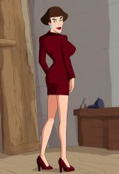 ai_generated breasts brown_hair business_suit clothed curvy_figure from_behind grandma_got_run_over_by_a_reindeer i.m._slime looking_at_viewer looking_back rear_view solo suit