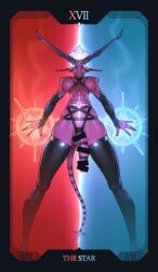 bar_censor black_thighhighs breasts censored colored_skin demon_girl earrings futanari highres horns jewelry large_breasts large_penis long_horns magic_circle nipple_piercing original penis pentagram piercing pointy_ears purple_skin ring short_hair spiked_hair star_(symbol) tail tailbox tarot the_star_(tarot) thighhighs