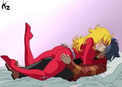 aoi_sekai_no_chuushin_de ass_grab bodysuit cartoon_network clothing clover_(totally_spies) cosplay female gear_(aoi_sekai_no_chuushin_de) generator_rex kazbr kissing male rex_salazar rwby totally_spies yang_xiao_long