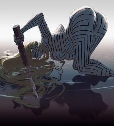 artist_request asherah_(megami_tensei) ass black_lips blonde_hair body_markings border breasts colored_sclera demon demon_(megami_tensei) demon_girl feet_out_of_frame female from_behind full-body_tattoo hair_between_eyes holding holding_weapon large_breasts long_hair looking_back lying non-web_source nude parted_lips pointy_ears reflection ripples shin_megami_tensei shin_megami_tensei:_strange_journey simple_background solo tattoo top-down_bottom-up underboob water weapon white_border yellow_sclera