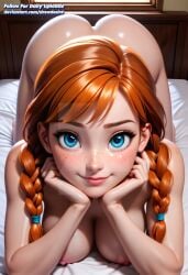 ai_assisted ai_generated anna_(frozen) arm_support bedroom blue_eyes braid breasts disney disney_princess female freckles frozen_(film) lying lying_on_bed lying_on_stomach nude on_bed orange_hair smiling_at_viewer solo_female twin_braids twintails