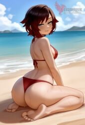 1girls 2d ai_generated ass back barefoot beach beachball big_ass big_breasts bikini black_bikini day erophoenix feet gradient_hair looking_at_viewer looking_back multicoloured_hair nipple_slip nipples outdoors pale_skinned_female patreon_username red_hair ruby_rose rwby short_hair sitting sky smile soles solo swimsuit two-tone_hair umbrella uncensored