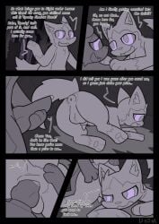 closed_eyes comic crossed_arms english_text fangs feline frown glowing heart holding letterboxed looking_at_another lying monochrome night no_humans open_mouth pokemon_(creature) purple_eyes scared sharp_teeth smile speech_bubble standing sweatdrop talking teeth tongue tongue_out watermark