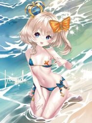 1girls beach beige_hair belly_button bikini blue_bikini breasts crown eyebrows_visible_through_hair female female_only hair_ribbon light-skinned_female light_skin luwudco marimari_en orange_pasties pasties phase_connect phase_invaders_quest sand small_breasts solo swimsuit thick_eyebrows tongue tongue_out virtual_youtuber water x_pasties