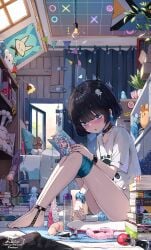 ball_gag bike_shorts black_choker black_hair blue_eyes bob_cut book book_stack breasts choker dildo female female_masturbation gag hair_ornament hairclip highres holding holding_manga indoors liclac lotion_bottle manga_(object) masturbation object_insertion original otaku_room pussy_juice reading scrunchie sex_toy shirt short_sleeves sitting small_breasts stuffed_toy too_many too_many_sex_toys vaginal_object_insertion vaginal_penetration white_shirt wrist_scrunchie wristband