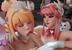 2girls akine blonde_hair blowjob closed_eyes fellatio freckles freja_(overwatch) juno_(overwatch) kiss_mark looking_at_another looking_pleasured overwatch pink_hair purple_eyes small_breasts