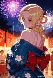 ai_generated back balecxi bare_shoulders blonde_hair blue_kimono blush braid breasts choker closed_mouth delicious_in_dungeon dungeon_meshi elf female fireworks floral_print from_behind green_eyes japanese_clothes long_hair looking_at_viewer looking_back marcille_donato night off_shoulder outdoors pointy_ears sash smile solo_focus sweat