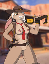 2d anthro ashe_(overwatch) blizzard_entertainment breasts cowboy_hat eyebrows female furry gloves gun immelmann looking_at_viewer mole_above_mouth overwatch rabbit red_eyes route_66_(map) solo tie vagina white_hair