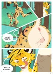all_fours animal_genitalia anthro anus ass ass_up backsack balls becoming_erect being_watched bent_over biped bottomwear bulge cheetah close-up clothed clothing comic creek digital_drawing_(artwork) digital_media_(artwork) duo eaglethecheetah english_text fangs felid feline felix_(roadd) flask forest fur genitals grass hi_res licking licking_lips licking_own_lips loincloth loincloth_only looking_at_another lustful_gaze male male/male mammal markings nature nude open_mouth outside pawpads paws perineum plant presenting presenting_hindquarters raised_tail rear_view scar sheath slim small_waist speech_bubble spots spotted_body spotted_fur tail tan_body tan_fur teeth text tongue tongue_out topless tree vorpale white_body white_fur