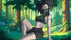 abs akali arm_support arm_tattoo bare_shoulders black_hair black_shorts breasts cg closed_eyes crop_top day female flower forest glasses grass green_ribbons hair_ribbon knee_up league_of_legends leaning_back long_hair looking_at_viewer lust_in_runeterra mask medium_breasts midriff mouth_mask mouth_veil muscular_female nature navel official_art outdoors parody ponytail shorts shoulder_tattoo sitting sleeveless solo stomach sweat tattoo toned tree