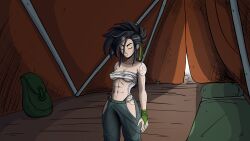 akali arm_tattoo bandaged_arm bandages bed black_hair black_pants breasts cg chest_sarashi cleavage collarbone female green_gloves green_pants hip_vent large_breasts league_of_legends long_hair lust_in_runeterra navel official_art open_mouth pants parody ponytail sarashi scar short_hair shoulder_tattoo solo sweat tattoo underboob