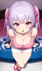 ai_generated bangs beauty bed bedroom blue_hair blush breasts bursting_breasts busty cleavage collarbone come_hither curvy cute female female girl hair_between_eyes hourglass_figure huge_breasts long_hair looking_at_viewer nipples nipples_visible_through_clothing oppai pink_eyes ribbon_in_hair riko_(shuz) shiny_hair shiny_skin shortstack skindentation skirt solo stockings stretched_clothing tanktop thebillai thighhighs tight_clothes very_long_hair voluptuous wide_hips