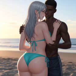 ai_generated beach big_ass ciri dark-skinned_male female interracial original_character the_witcher_(series) the_witcher_3:_wild_hunt wet_hair