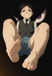 1boy ai_generated black_hair feet feet_up fullmetal_alchemist_brotherhood legs pride_(fullmetal_alchemist) selim_bradley shadow short_hair shorts solo
