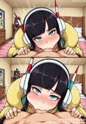 1boy :>= ai_generated bangs bed bedroom black_hair blue_eyes blunt_bangs blush breasts clothing deepthroat elesa_(pokemon) english_language english_text eyelashes fellatio female female fur_coat hairband headphones headwear heart indoors jousneystudio large_breasts light-skinned_female light_skin looking_at_viewer lying male male_pov nail_polish nintendo nude on_bed oral penis photo_(object) pillow pokemon pokemon_(game) pokemon_character pov_crotch rolling_eyes saliva sex solo_focus straight sweat text yellow_jacket