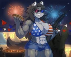 1girls 2025 4th_of_july american_flag_bikini_top anthro big_breasts female fireworks gun huge_breasts justthatgai muscle_mommy muscular muscular_female original original_character sunglasses