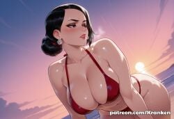 1girls ai_generated beach bikini black_hair bun debbie_grayson female female_focus invincible invincible_(tv_series) kranken office office_lady patreon patreon_url patreon_username red_bikini red_bikini_top seaside sexy sexy_body sexy_pose solo solo_female solo_focus