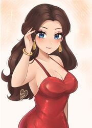 big_breasts blue_eyes breasts brown_hair busty cleavage clothed cute earrings eyeshadow glamour large_breasts makeup mario_(series) nintendo pale_skin pauline purrlucii red_dress sexy sleveless_dress widow's_peak