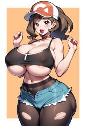 1girls ai_generated areola bare_arms big_breasts bimbo bimbo_body bimbo_lips bimbofication bimbofied breasts brown_eyes brown_hair cameltoe choker colored_nails crop_top elaine_(pokemon) female hands_up hat high-waist_pantyhose huge_ass huge_breasts lipstick long_eyelashes long_nails makeup massive_ass massive_breasts navel novelai pantyhose pokemon pokemon_rgby short_shorts shorts simple_background smile solo solo_female tank_top tgm101_(artist) thick_lips thick_thighs thin_waist torn_clothes torn_pantyhose unbuttoned underboob wide_hips